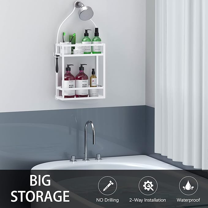 Meangood Shower Caddy 10.4" x 4.5" x 22.04" Hanging Shower Caddy Organizer Over Shower Head Big Capacity for Shampoo, Conditioner with Hooks for Razor/Sponge, White