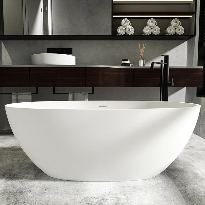 Cpingao 55" Freestanding Bathtub, Oval Shaped Stone Resin Freestanding Tubs, Solid Surface Matte White Soaking Tub with Overflow and Pop-up Drain