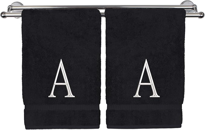 Monogrammed Hand Towel, Personalized Initial Gift, Extra Absorbent 100% Turkish Cotton - Soft Terry Finish - Set of 2 - White Block Initial A - Embroidered on Black Towels