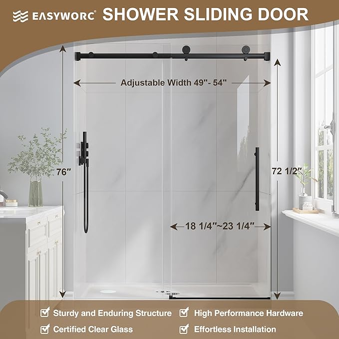 Frameless Glass Shower Door, 49-54" W x 76" H Sliding Frameless Shower Door, 1/4''(6mm) SGCC Tempered Glass,Explosion-Proof Film Nano Coating,Stainless Steel Hardware, Matte Black