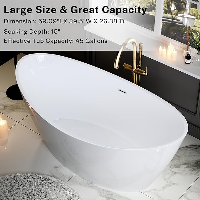 Empava Freestanding Bathtub, Acrylic Soaking Tub with Brushed Nickel Drain & Overflow – Modern Standalone Shower Tub, Non-Slip Flat Bottom Design, Glossy White, 59 Inch,cUPC Certified