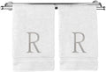 Monogrammed Hand Towel, Personalized Initial Gift, Extra Absorbent 100% Turkish Cotton - Soft Terry Finish - Set of 2 - Silver Block Initial R - Embroidered on White Towels