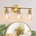 3-Light Bathroom Light Fixtures, Brushed Gold Modern Vanity Lights Over Mirror with Clear Glass Globe Shade, Bathroom Wall Sconces for Mirror Kitchen Living Room Hallway Cabinet Bedroom Porch