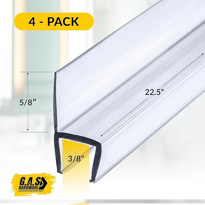 3/8" (10mm) Frameless Shower Door Seal – H-Type 22.5" (57.2cm) Ultra-Clear Bottom & Side Drip Rail Strips, 4-Pack for Leak Protection, Water Control & Easy DIY Install