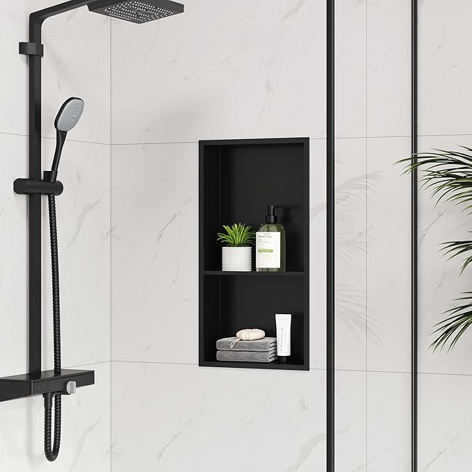 Neodrain No Tile Shower Niche, Stainless Steel Wall Cabinet 25.1"X13.1"(Inner Size 24"X12"), Two-Tier Bathroom Shelf, NO Tile Needed Recessed Niche Shower for Bathroom Storage, Matte Black
