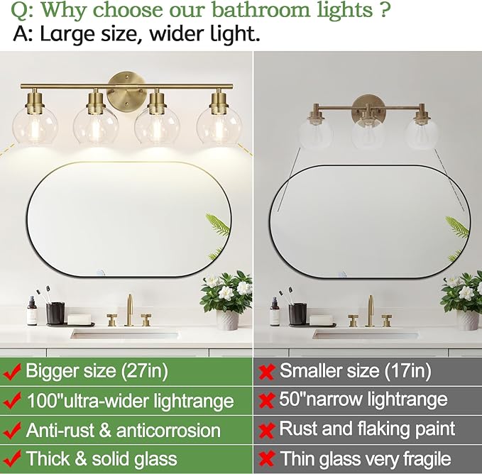 2024 Upgrade 4-Light Bathroom Light Fixtures, Brushed Brass Bathroom Lights Over Mirror with Clear Glass Globe Shade, Vanity Lights for Bathroom Kitchen Living Room Hallway Cabinet Bedroom Porch