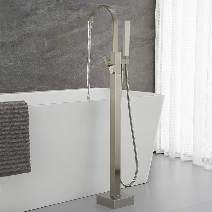 Freestanding Bathtub Faucet Tub Filler Brushed Nickel Waterfall Floor Mount Faucets Single Handle with Hand Shower