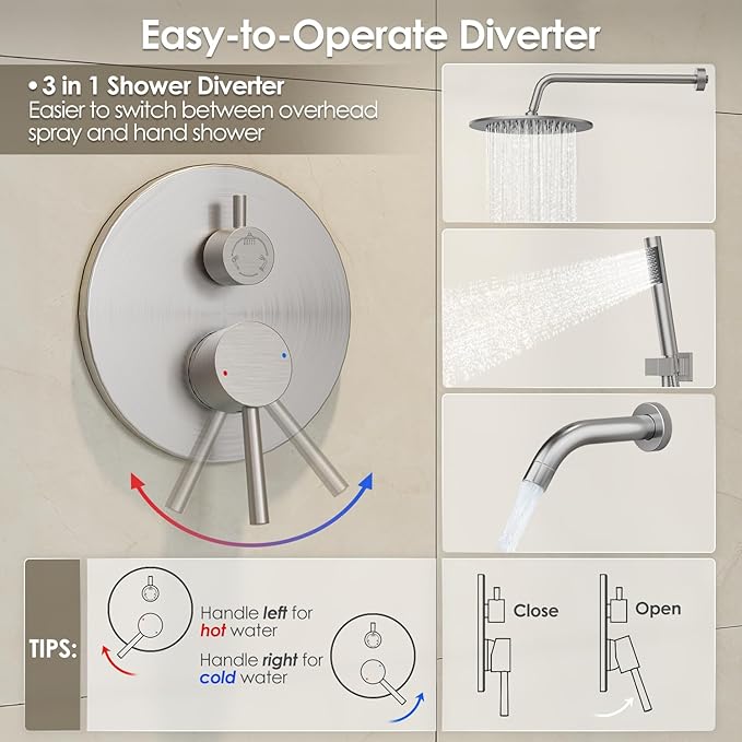 Gabrylly Bathtub Shower Faucet Set, Tub Shower System with 3-Way Shower Valve, High Pressure 10" Rain Shower head with Handheld Spray Combo, Wall Mounted Rainfall Shower Head Set, Brushed Nickel