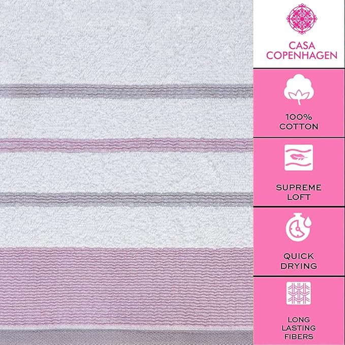 CASA COPENHAGEN White Bay, 6 Pieces Towel Set- White with Lavender and Grey Violet Border, 600 GSM, 2Bath, 2Hand, 2Washcloths Egyptian Cotton Towel for Hotel Spa Kitchen Bathroom Kitchen & Shower
