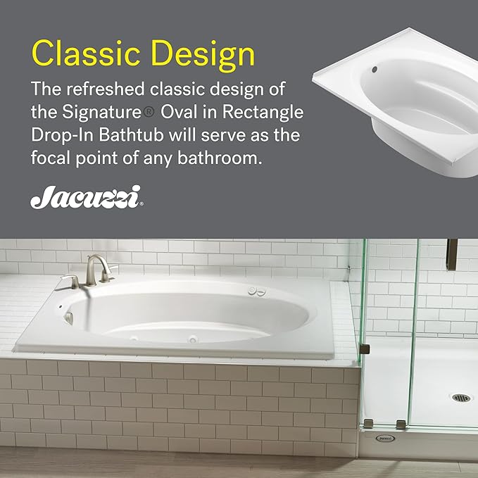 Jacuzzi SIGNATURE Acrylic Drop-In Bathtub, Soaking Sanctuary, Slip Resistant, Right Drain Placement, 72" (L) x 42" (W), Oval In Rectangle, 3-Tile Flange, Oyster