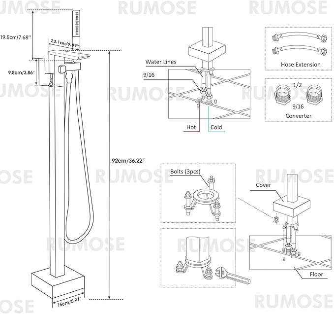 RUMOSE Oil Rubbed Bronze Bathtub Filler Freestanding Tub Filler Floor Mount Tub Faucet Waterfall Bathtub Faucet with CUPC Certified High Flow Brass Bath Shower Faucets with Handheld Sprayer