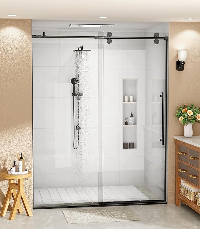 Bathbliss Glass Shower Door 56"-60" Wx76 H,Frameless Sliding Glass Door with 5/16"(8mm) Tempered Glass Shower with Matte Black Finish