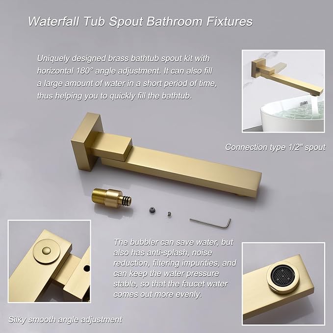 Thermostatic Brushed Gold Shower System with Tub Spout Shower Faucet Set 12 Inch Wall Mounted LED Full Body Rain Shower System with Body Jets, Handheld Spray, Brass Shower Valve