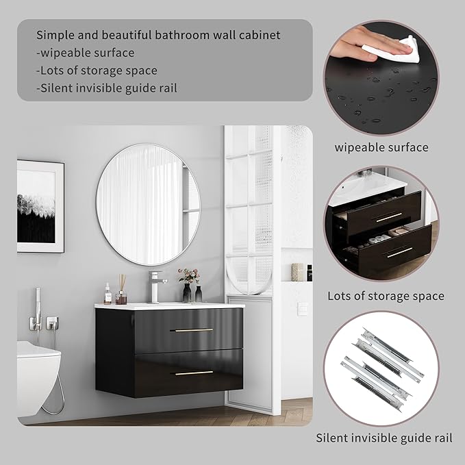 30" Wall Mounted Bathroom Vanity with Sink, High Gloss Black Floating Cabinet, Modern Gold Handles, Soft Close Doors, Integrated Ceramic Top for Powder Room