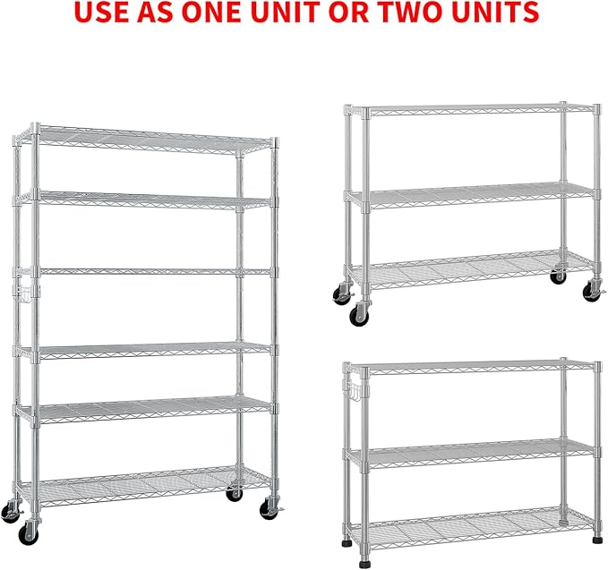 6 Tier Storage Racks Shelving, Heavy Steel Pantry Shelves, Adjustable Wire Shelving Rack with Wheels, Suitable for Garage, Kitchen, Bathroom, Office, 46" W x 18" D x 82" H, Chrome