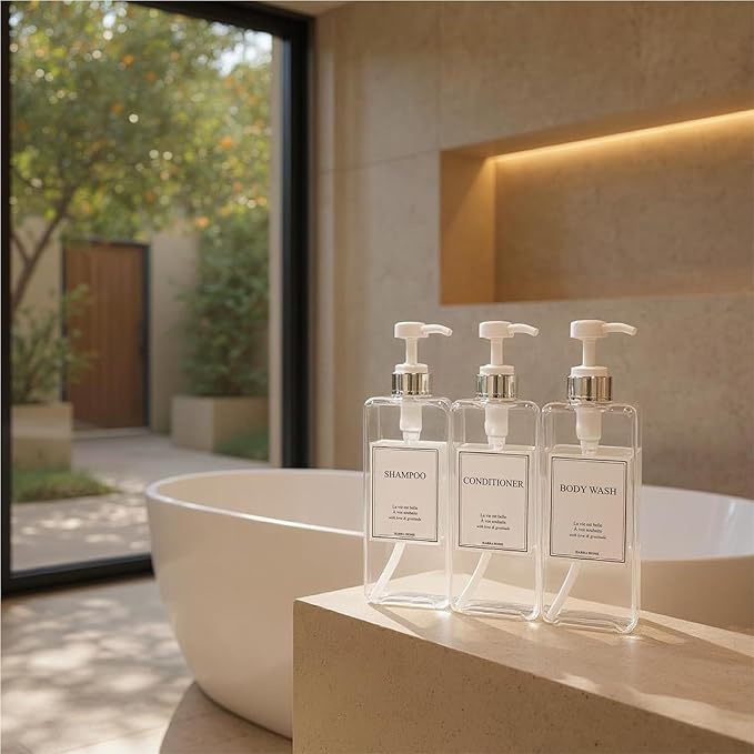 Modern Design Shampoo and Conditioner Dispenser, Large 27oz Shower Soap Dispenser, Set of 3 Refillable Empty Plastic Pump Bottles for Bathroom, 6 Waterproof Labels Included, (Clear & Silver)
