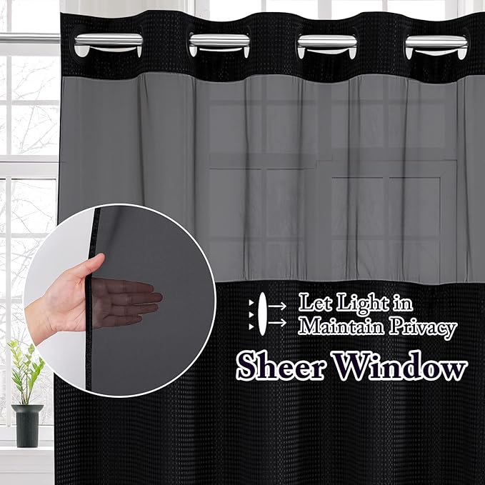 Gibelle Long Shower Curtain 72x80, Waffle Weave Bathroom Shower Curtain with Snap-in Fabric Liner Set, No Hooks Needed, Hotel Style with Mesh Top Window, Black