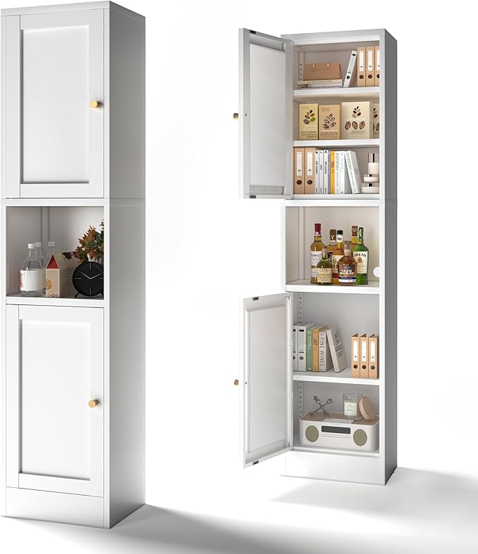 COFaR 67" Tall Metal Bathroom Storage Cabinet,6-Tier Freestanding Linen Tower with 2 Doors,Narrow Slim Metal Locker Storage Cabinet for Small Spaces,Modern,White