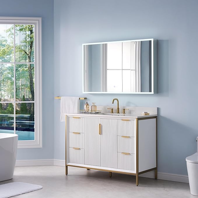 WELLFOR 48" X 30" LED Medicine Cabinet with Mirror, 3X Magnifiying Mirror Cabinet, Defogging/Dimmable Bathroom Mirrored Cabinet, Lighted Medicine Cabinet with Outlets & USB Ports, Three Doors