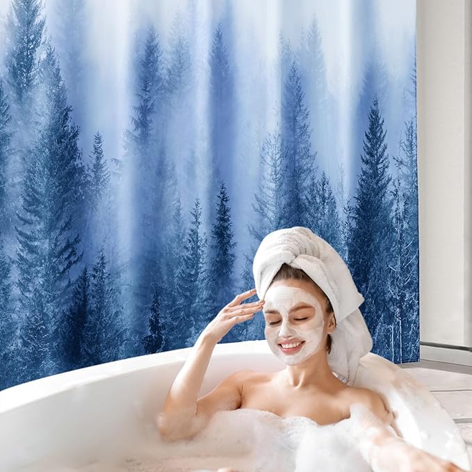 ORTIGIA 84 Inch Extra Wide Blue Misty Forest Shower Curtain for Bathroom, Nature Woodland Shower Curtain Set with Hooks, Decorative Pine Tree Fog Magic Bath Curtain, Waterproof Fabric, 84x72