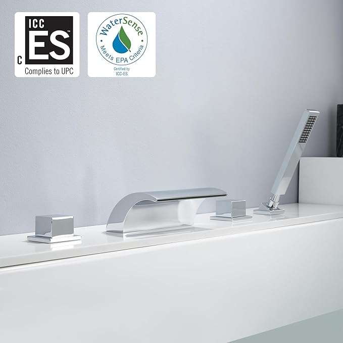sumerain Four Hole Roman Tub Faucet with Hand Shower and Waterfall Spout Chrome Finish High Flow