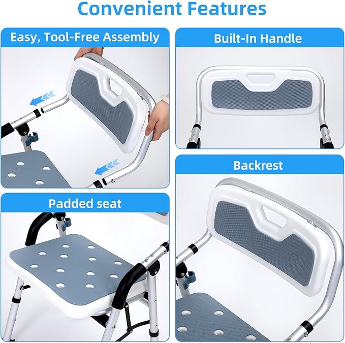 Shower Chair for Inside Shower,Foldable Shower Chair for Elderly and Disabled, Adjustable Height Chairs with Padded Arms and Back for Bathroom,Compact and Comfortable，Regular Standard