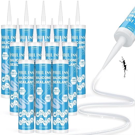 PAULINN 12 Packs Clear Silicone Sealant Waterproof 100% Silicone Caulk