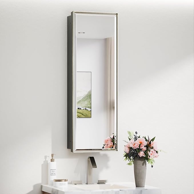 TokeShimi 12x36 Recessed Medicine Cabinet with Mirror Surface Mount, Bathroom Beveled Mirror with Storage Adjustable, Aluminum Framed Metal Brushed Nickel Medicine Cabinet Mirrored