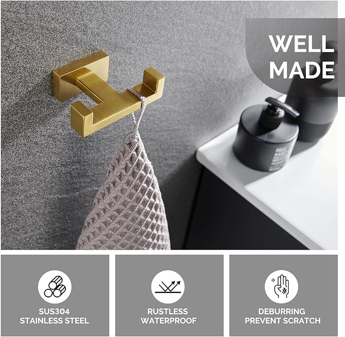 Angle Simple Towel Hook for Bathroom, SUS 304 Stainless Steel Hand Towel Holder, Double Robe Coat Hook for Wall, Brassy Gold