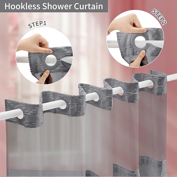 Hookless Shower Curtain with Snap in Liner 71" x 86" Double-Layer Waterproof Polyester Shower Curtain for Bathroom or Hotel Use,Removable Liner,Magnetic Hem,Large Rings,Machine Washable,Grey