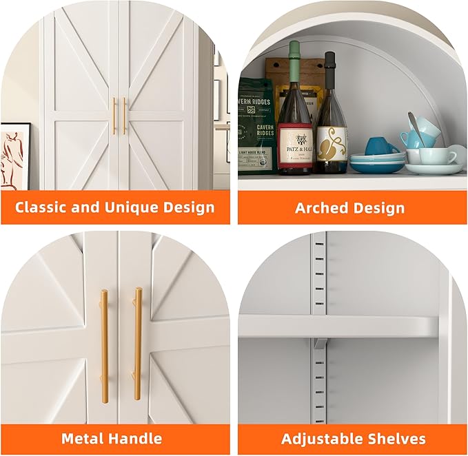 73'' Tall Metal Arched Cabinet, Modern Arch Bookcase Display Cabinet with Doors/Shelves/Internal Drawers for Home Office Kitchen Bar Living Room(White)