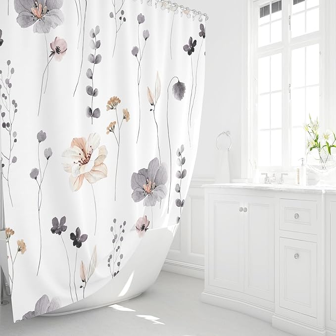 Gibelle Watercolor Floral Shower Curtain 72x72 Inch, Charcoal Grey Beige Flower Modern Minimalist Fabric Bathroom Decorative