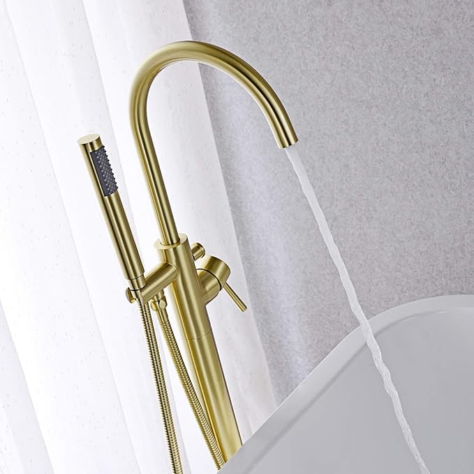 Freestanding Bathtub Faucet Tub Filler Brushed Gold Single Handle Floor Mounted Brass Faucets with Hand Shower