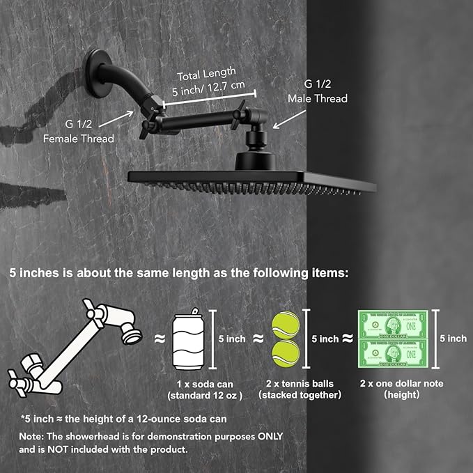 5 Inch Adjustable Shower Head Extension Arm With Locking Set Screw, Singing Rain Brass Matte Black Angle Height Adjustable, Easy To Install, G1/2 Universal Connector Compatible (Matte Black Finish)