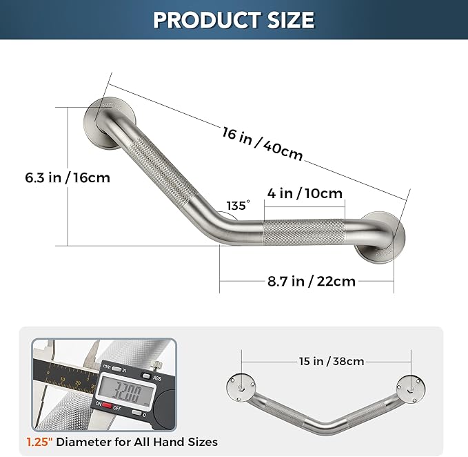 Grab Bars for Bathtubs and Showers- 1-1/4 x 16 Angled Shower Grab Bar for Seniors Knurled Stainless Steel Handicap Grab Bars for Wall (Brushed Nickel, 2 Pack)