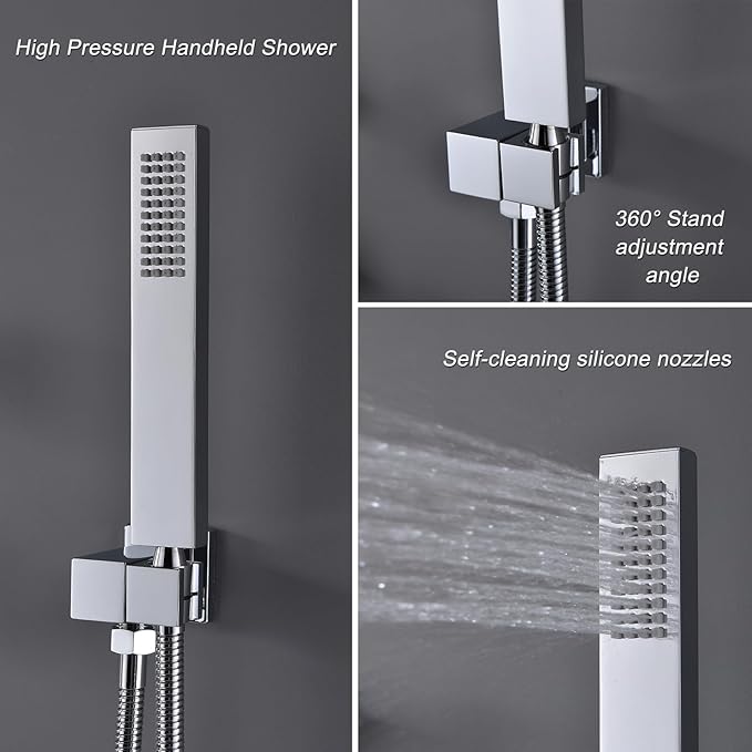 Rain Shower System Polished Chrome 3 Way Digital Display Shower Faucet System 12 Inch Ultra Thin Full Body Shower Head System with Handheld Shower and 4 PCS Body Jets