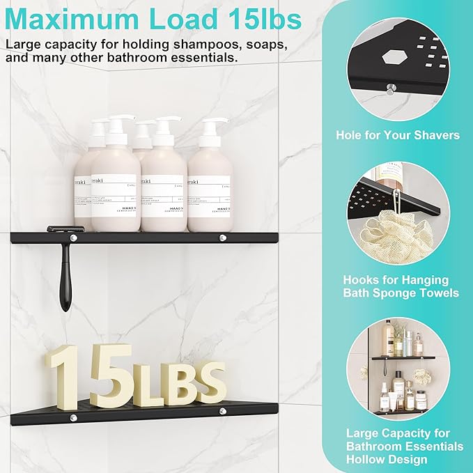 10" Bathroom Corner Shelf, 2 Pack Recessed Shower Shelf Caddy, SUS304 Stainless Steel Shelf Wall Mount Triangular, No Drilling Matte Black