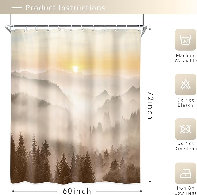 Riyidecor Misty Mountain Shower Curtain 60Wx72H Inch Brown Sunrise Nature Scenery Foggy Pine Tree Woodland Modern Natural Landscape Men Cool Bathroom Decor Fabric Polyester Waterproof 12 Pack Hooks