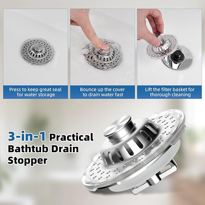 Metal 2 Pack Bathtub Drain Stopper with Top Hair Catcher, Visible Top Strainer Tub Stopper, Upgraded 3 in 1 Pop-up Drain Plug Fit for 1.5 to 2.4" Hole, Stainless Steel Filter Basket