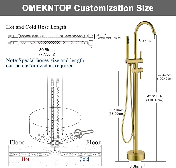 Modern Freestanding Tub Faucet with 360 Swivel Gooseneck Spout and Handheld Shower, Gold Floor Mount Tub Filler