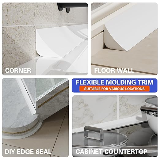 Flexible Molding Trim, Flexible Bendable Adhesive Caulking Strip, Molded Trim, Peel and Stick Home Decorative Edge for Bathroom, Kitchen, Floor, Wall (White, 0.83in x 0.24in x 20ft)
