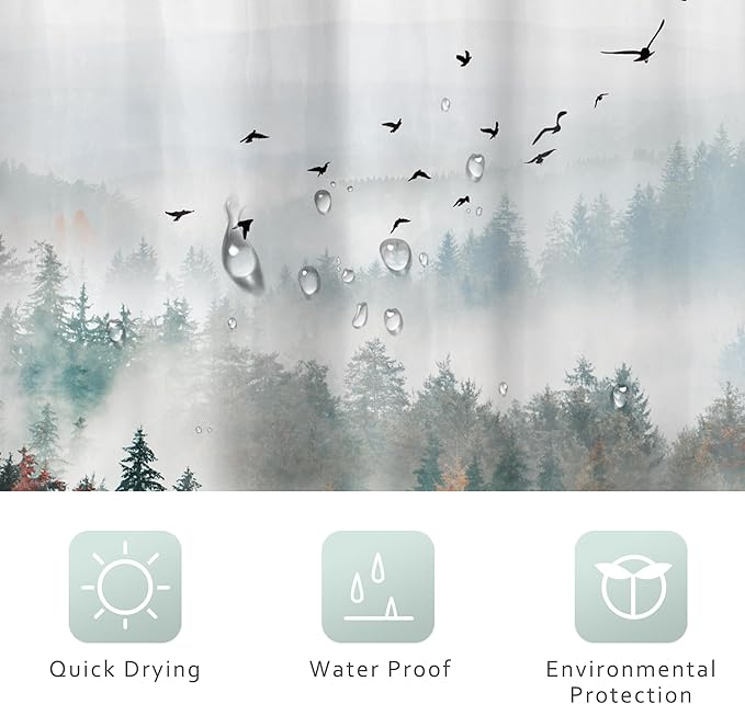 Riyidecor Red Green Mountain Shower Curtain 60Wx72H Inch Black Nature Woodland Scenery Foggy Misty Scenic Landscape Woods Rustic Dark Natural Bathroom Decor Fabric Polyester Waterproof 12 Pack Hooks