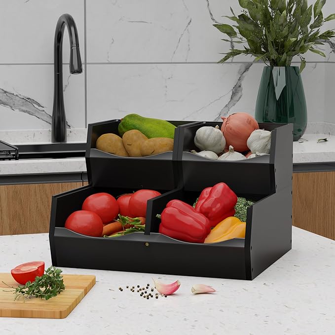 3 Set Bamboo Pantry Organizers and Storage, Open Front Vegetable Fruit Seasonings Stackable Storage Bins, Rustic Stacking Storage Bins for Pantry, Office, Bedroom, Kitchen Counter Organizer (Black)