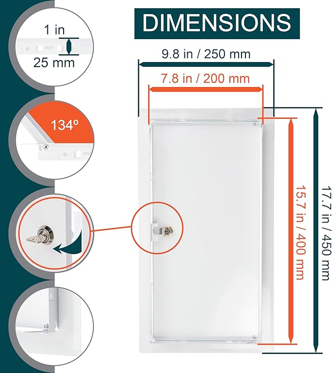 8" x 16" Lockable White Metal Access Door - Service Shaft Panel with Key for Plumbing, Electricity, Heating, Alarm & Bathroom Services