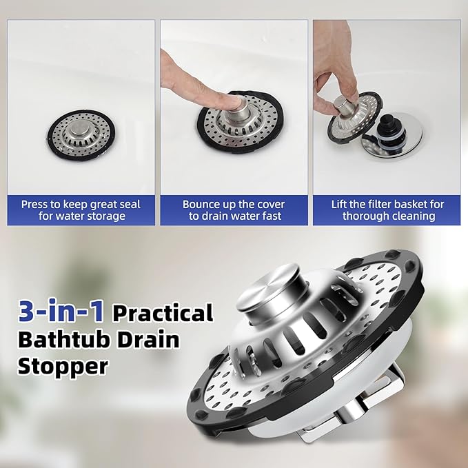 Metal 2 Pack Bathtub Drain Stopper with Top Hair Catcher, Innovative 3 in 1 Pop-up Bathtub Strainer, Tub Stopper with Detachable Stainless Steel Filter Basket for Standard 1.5 to 2.4'' Drain, Chrome