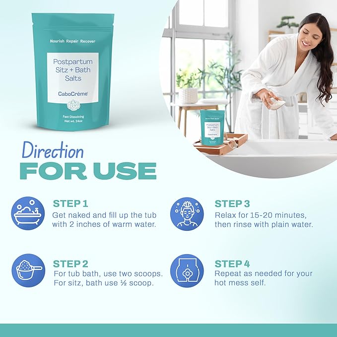 CaboCréme Postpartum Sitz + Bath Salts – 24oz – Postpartum Bath Soak for Perineal Care, Healing Tears, Swelling & Hemorrhoids – Dead Sea Salt with Magnesium – OB-GYN Created Recovery Essential