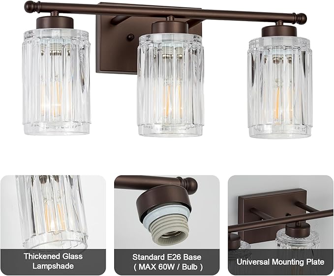 3 Light Bathroom Light Fixtures Modern ORB 18 Inch Vanity Lights for Bathroom Lighting Fixtures Over Mirror with Thickened Glass Shade for Cabinet Mirror Bedroom Hallway