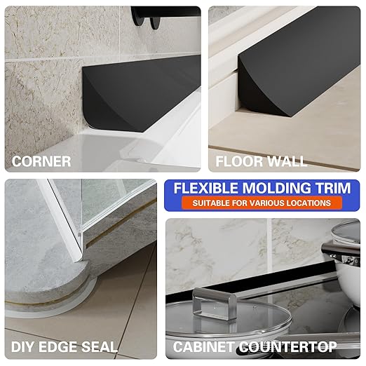 Flexible Molding Trim, Flexible Bendable Adhesive Caulking Strip, Molded Trim, Peel and Stick Home Decorative Edge for Bathroom, Kitchen, Floor, Wall (Black, 0.83in x 0.24in x 20ft)