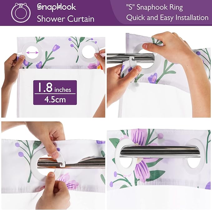 Lagute SnapHook Floral Shower Curtain with Snap-in Liner for Bathroom| No Hook Needed| Mesh Top Window| Machine Washable| Hotel Grade| 71Wx74L，Purple Bouquet