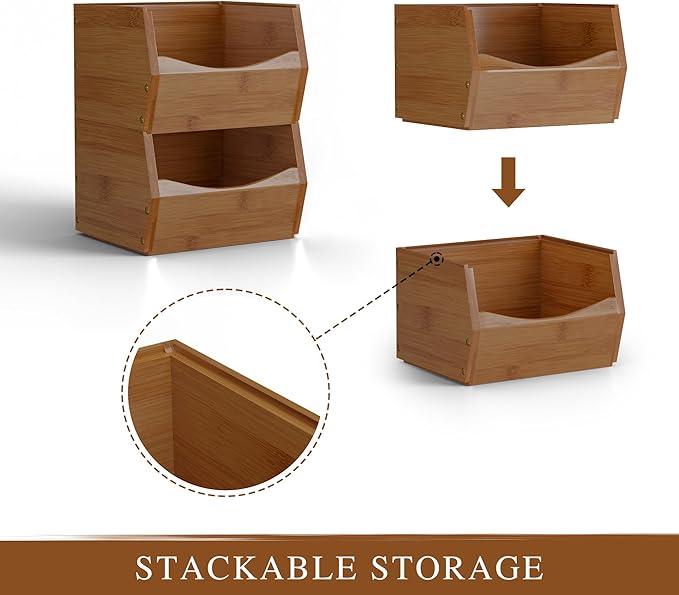 2 Set Open Front Small Stackable Storage Bins, Bamboo Stacking Storage Bins Snack Tea Bags Fruits Spices Countertop Storage, Rustic Organizer Bins for Pantry, Kitchen, Office, Bedroom (Small Walnut)